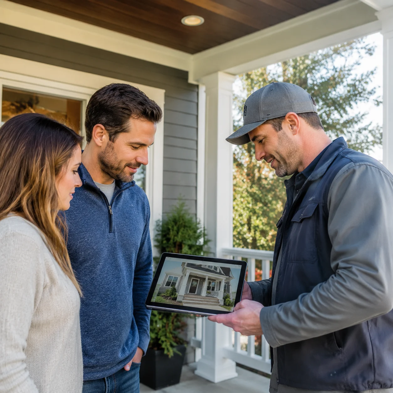 Porch contractor presenting a new porch design to homeowners on site