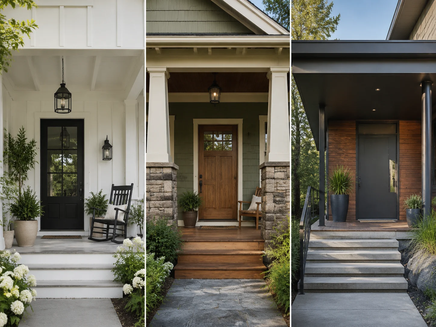 One front porch shown in farmhouse, craftsman, and modern design styles