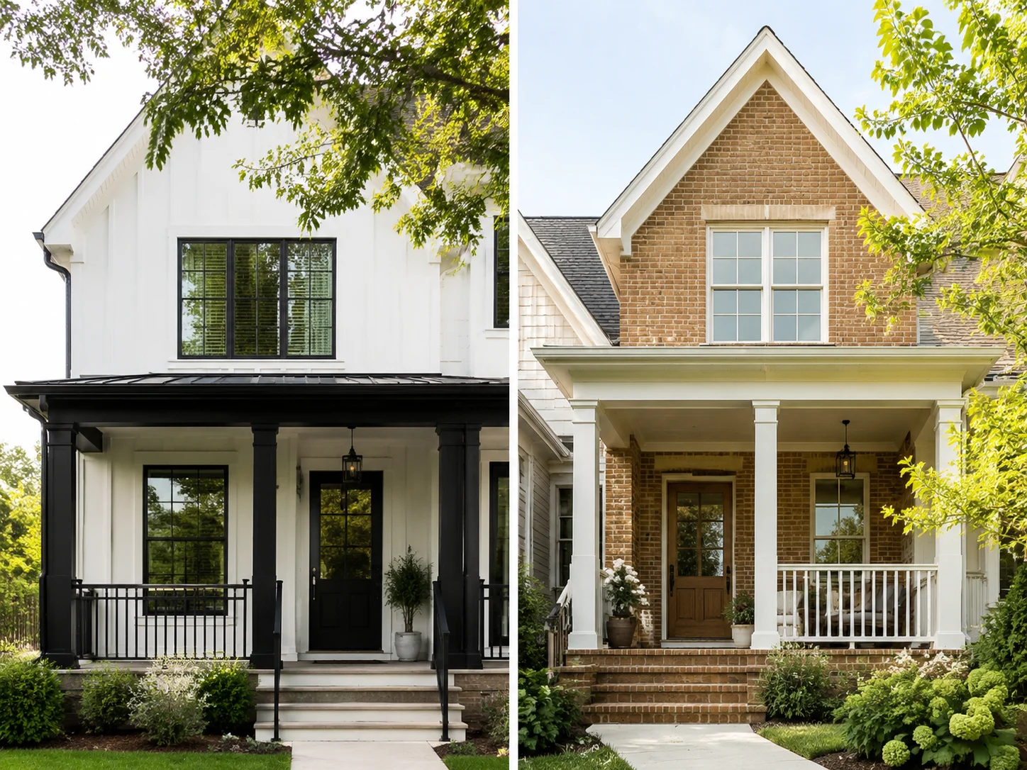 Side-by-side of a white house with black porch and a brick porch with white trim