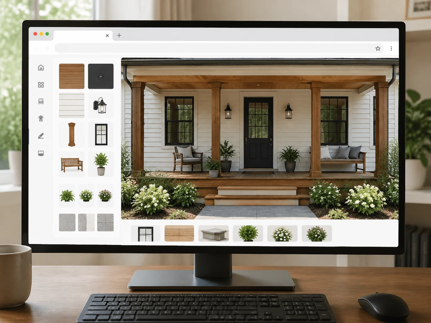 Browser-based porch design tool open with a porch concept in progress