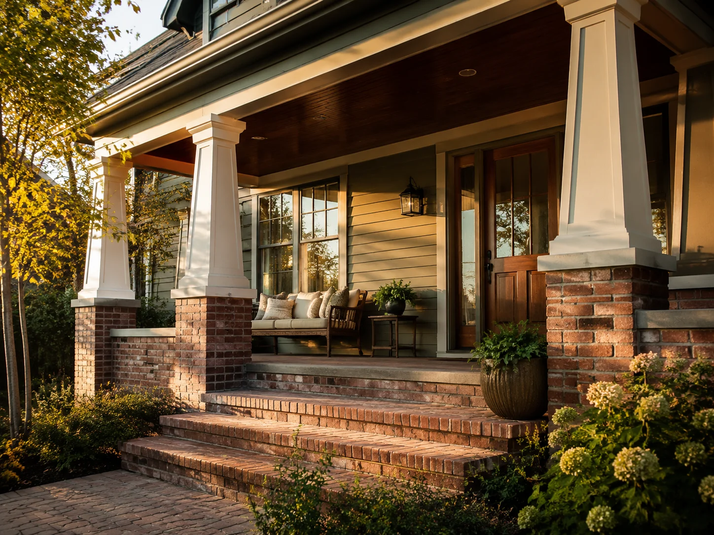 Craftsman brick front porch with tapered columns and a beadboard ceiling
