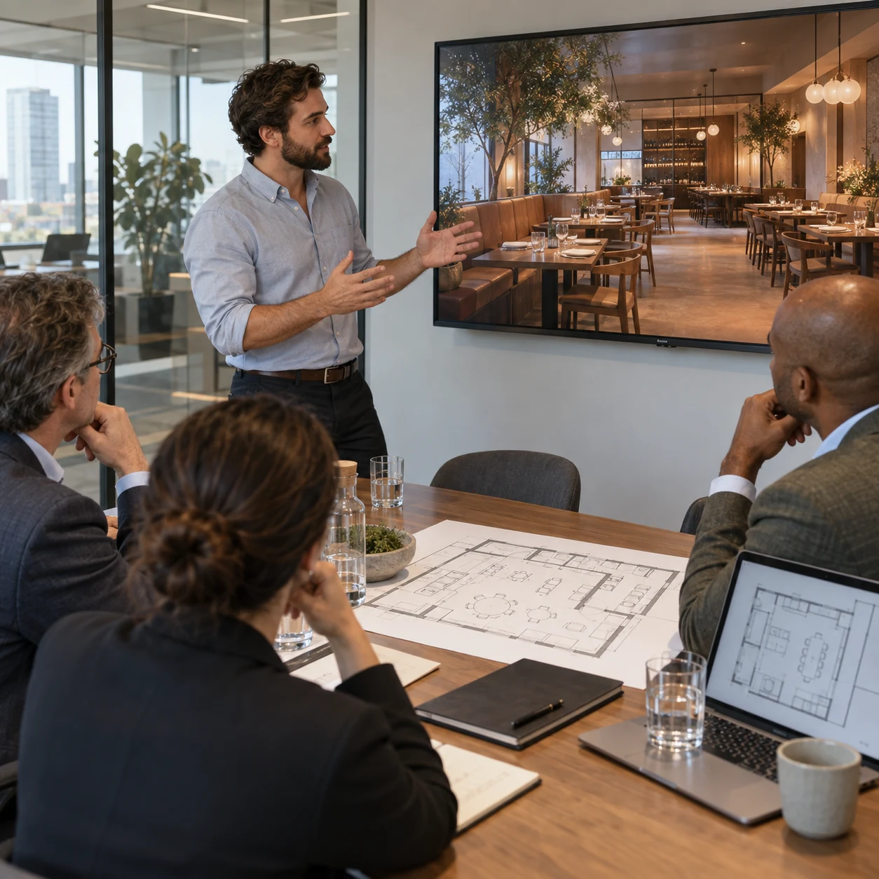 Restaurant founder presenting a rendered dining room to investors