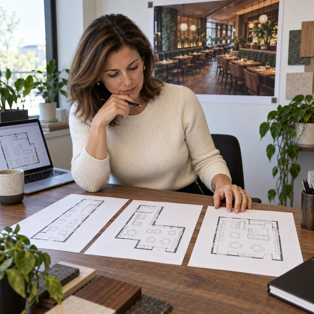 Franchise operator comparing restaurant layouts for three different unit shapes