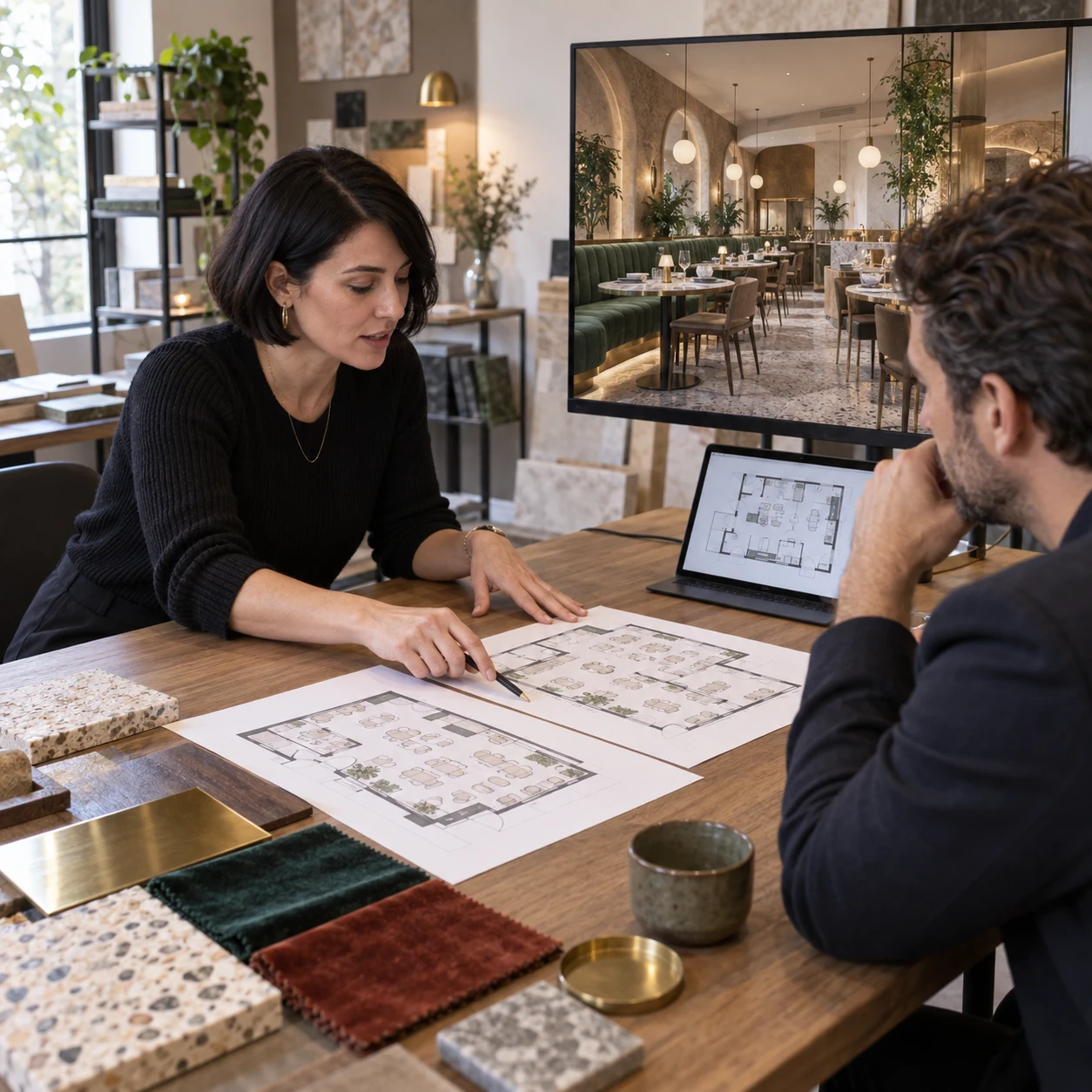 Hospitality designer presenting restaurant layouts and a rendered dining room to a client