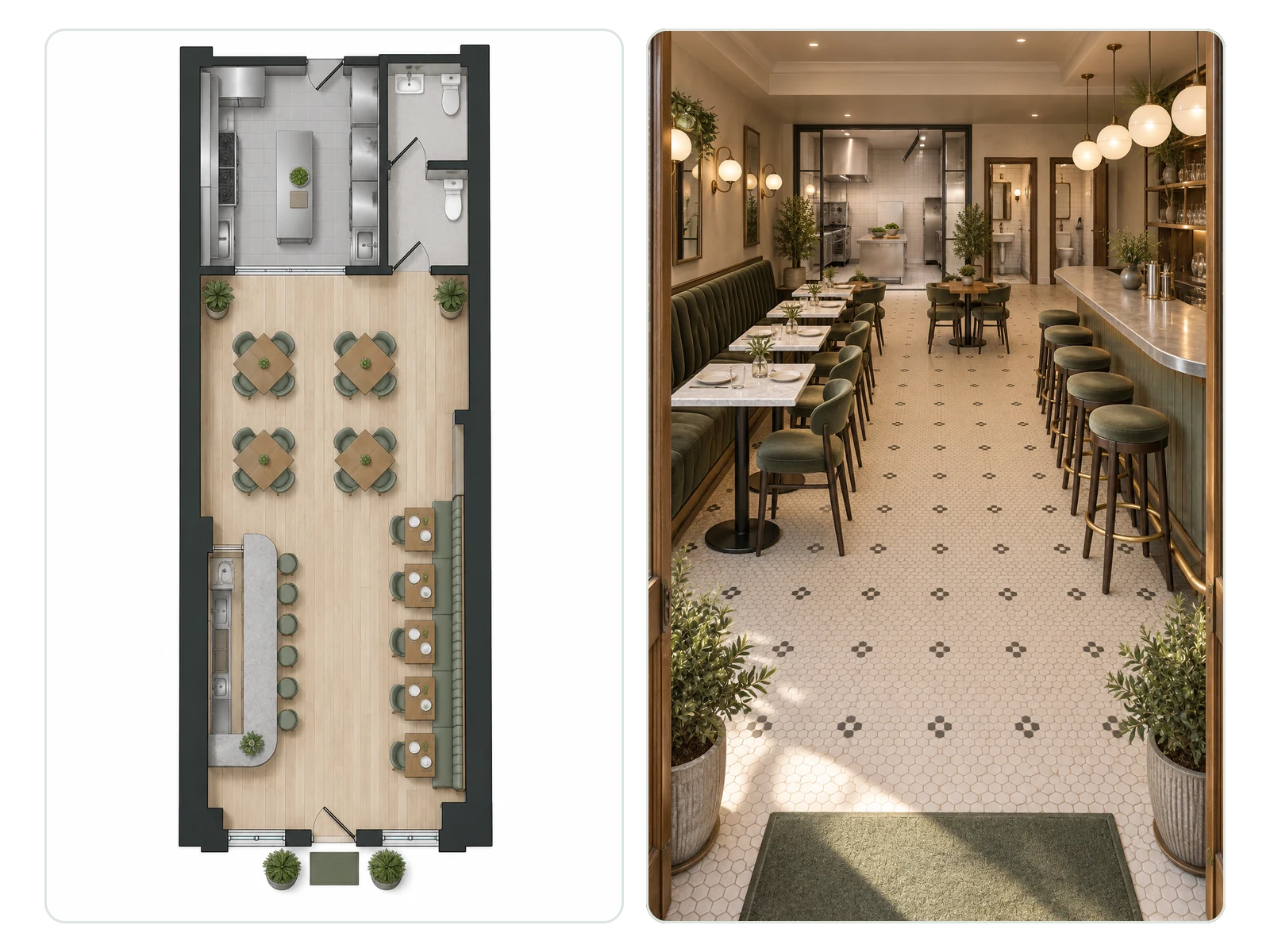 Restaurant layout and its rendered dining room saved side by side in one workspace
