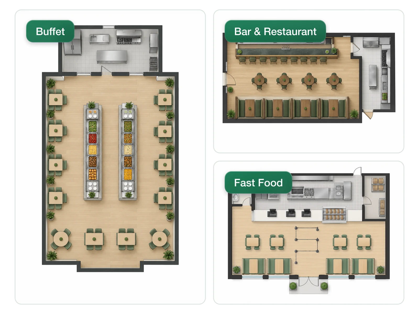 Restaurant-Grundrisse für Buffet, Bar und Fast Food aus drei Service-Stilen generiert