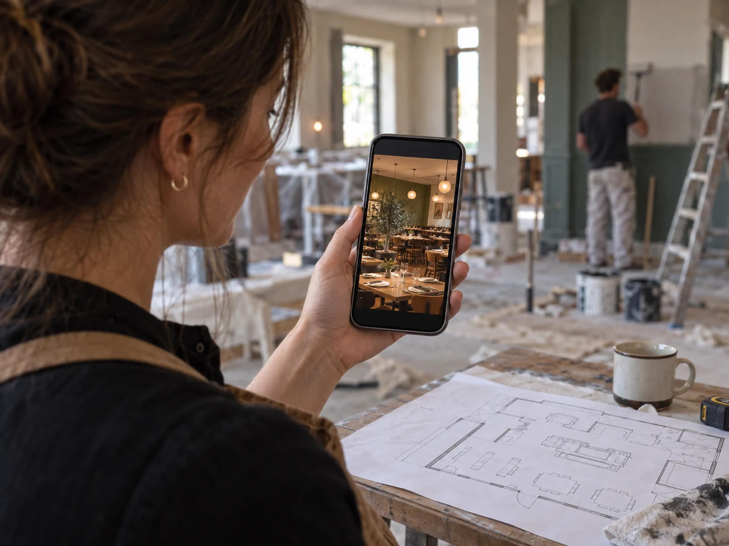 Rendered restaurant dining room prepared for an opening-week social media post