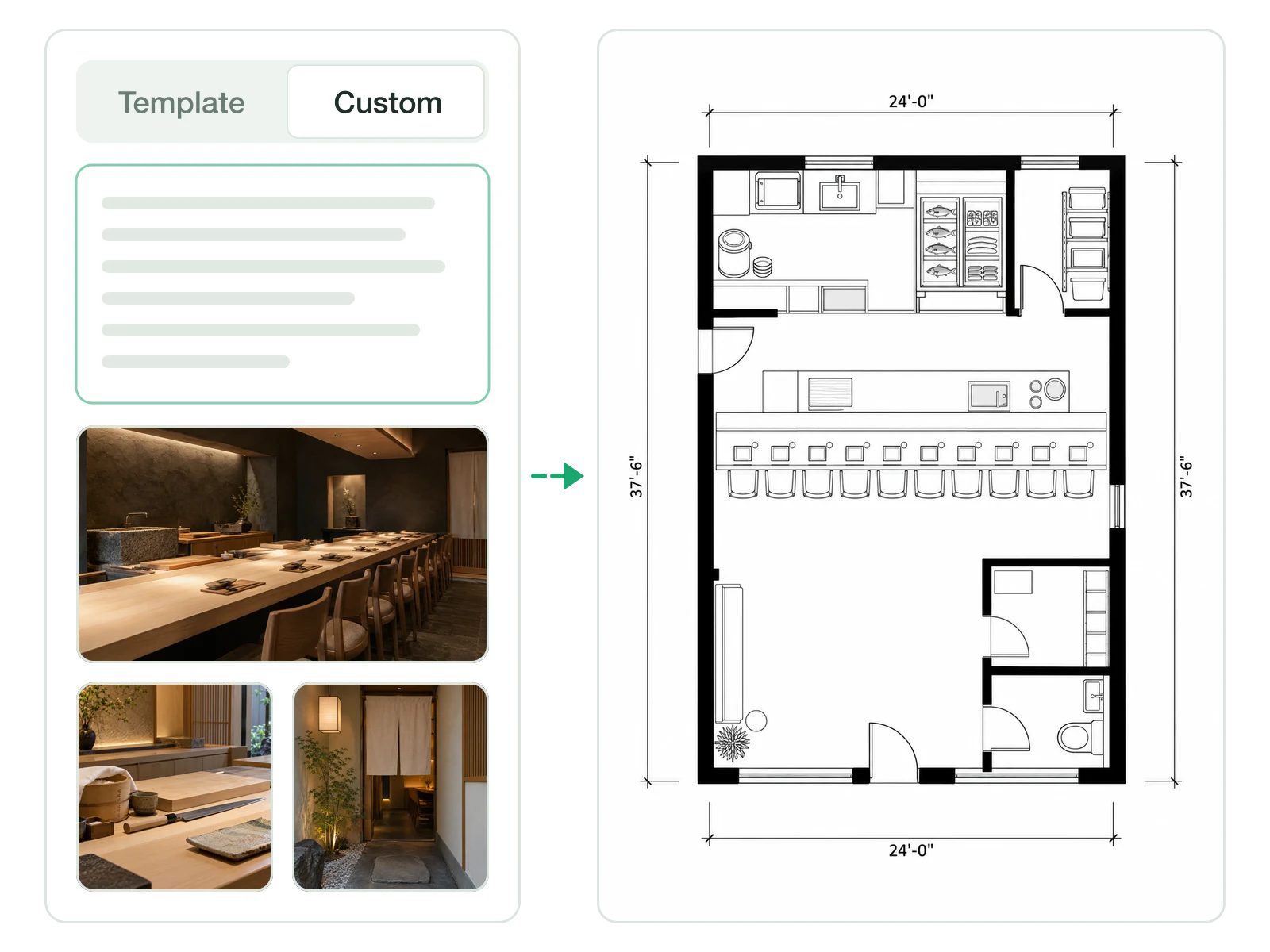 Omakase counter restaurant layout generated from a custom brief and reference photos
