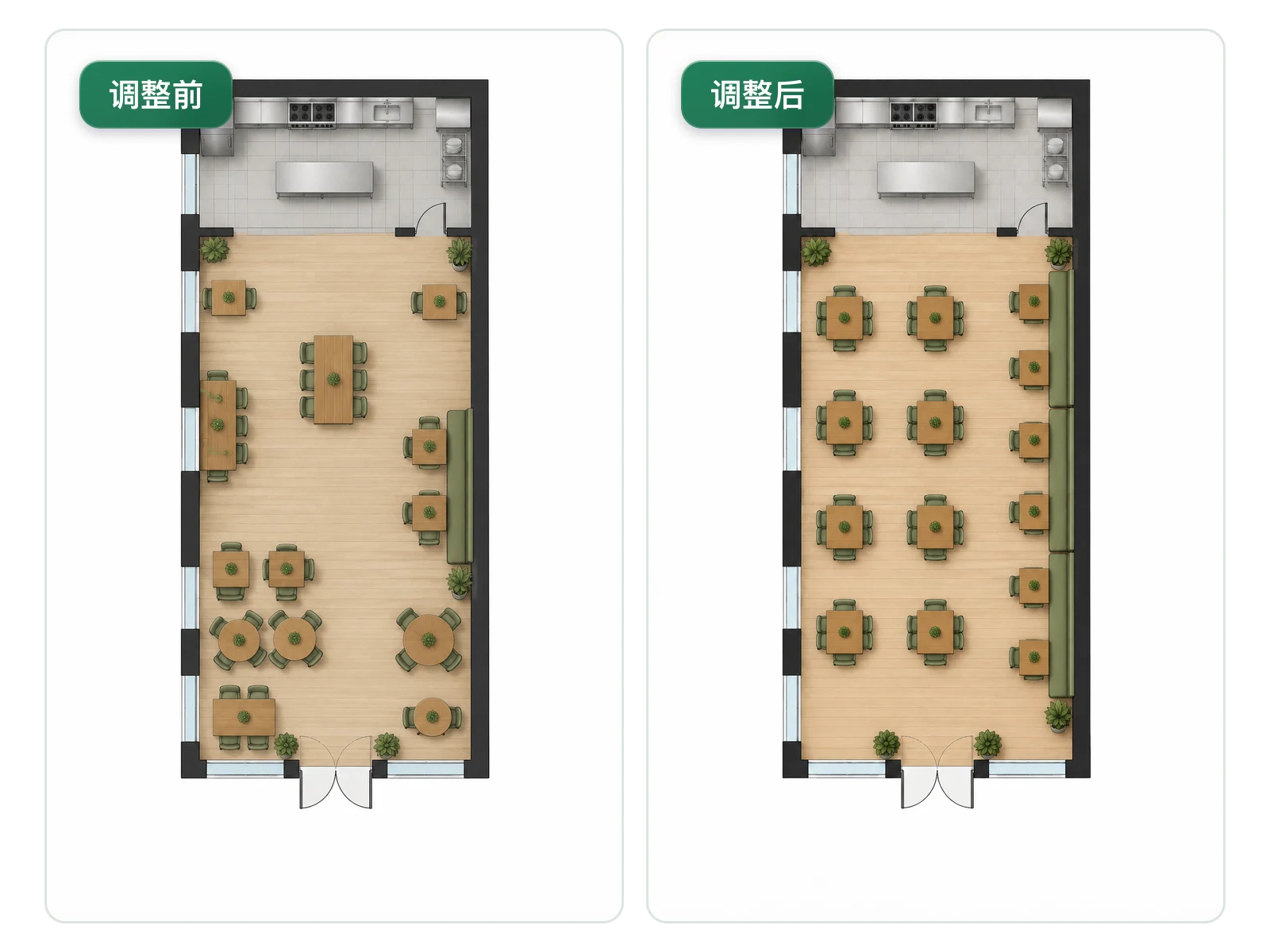 使用平面图优化工具调整前后的餐厅座位排布对比