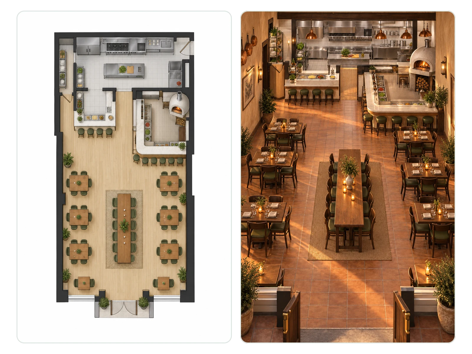Italian trattoria layout and the rendered dining room made from it