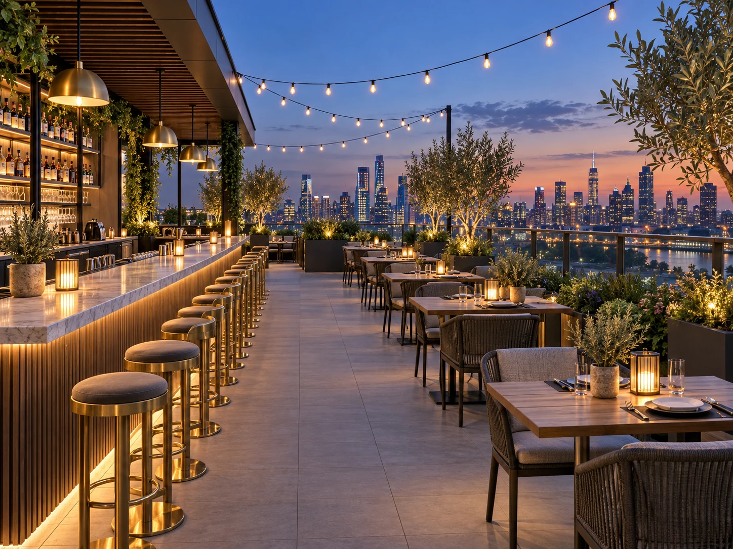 Bar and restaurant layout with outdoor seating rendered as a rooftop terrace at dusk