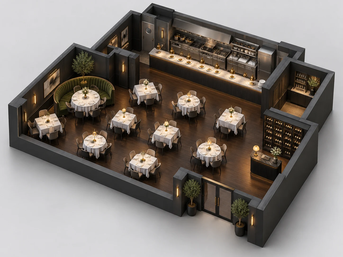 Modern fine dining room converted to a 3D isometric view of the tables and the pass
