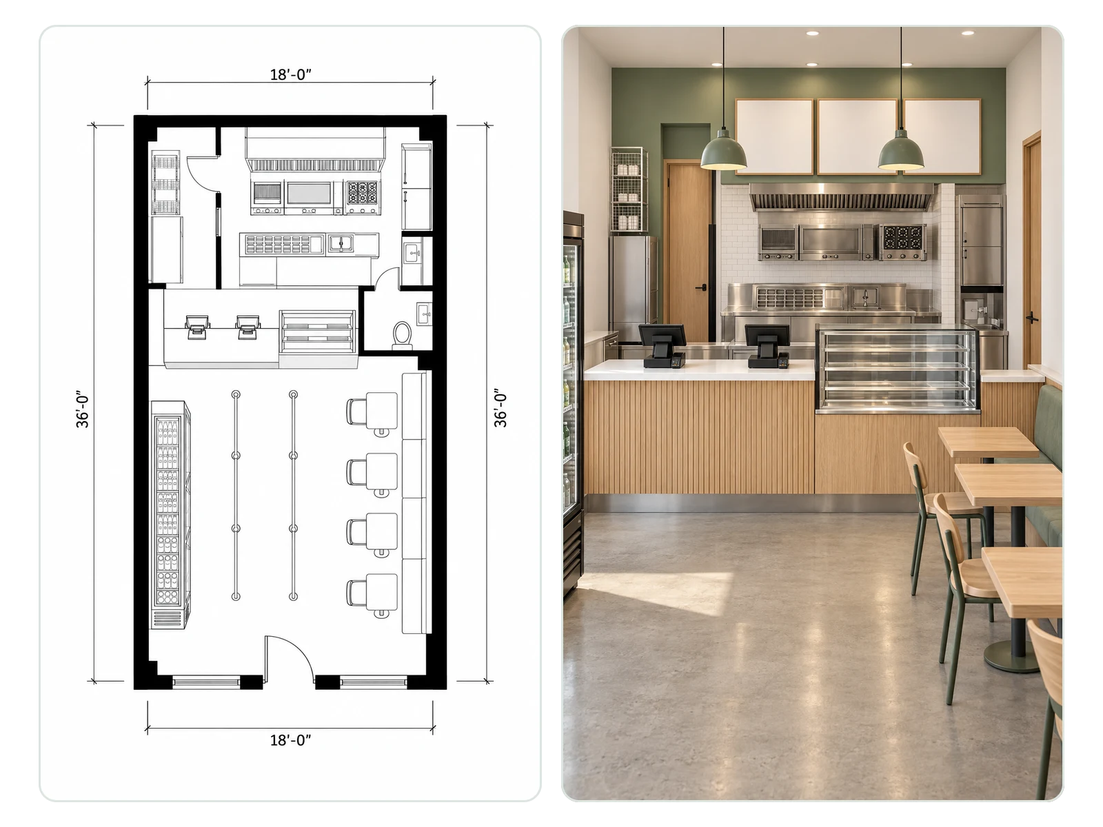 Fast food counter layout and its rendered counter area for a franchise pack