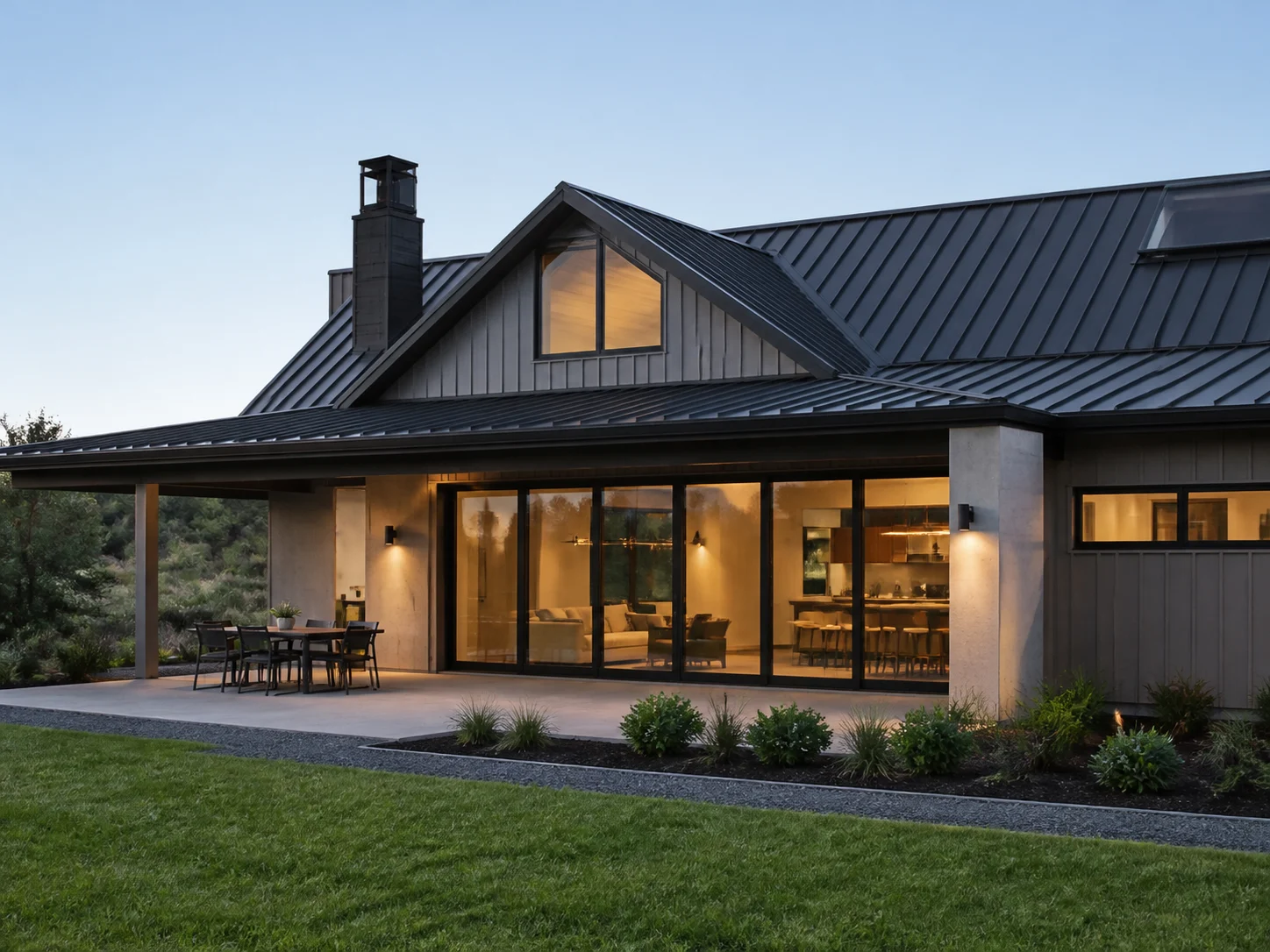 Modern house with dark standing-seam metal roof