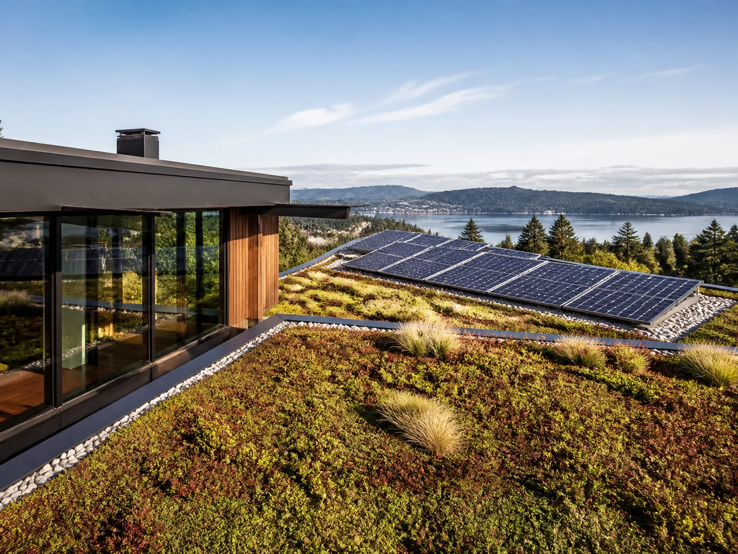 Sustainable house with green roof and solar panel integration