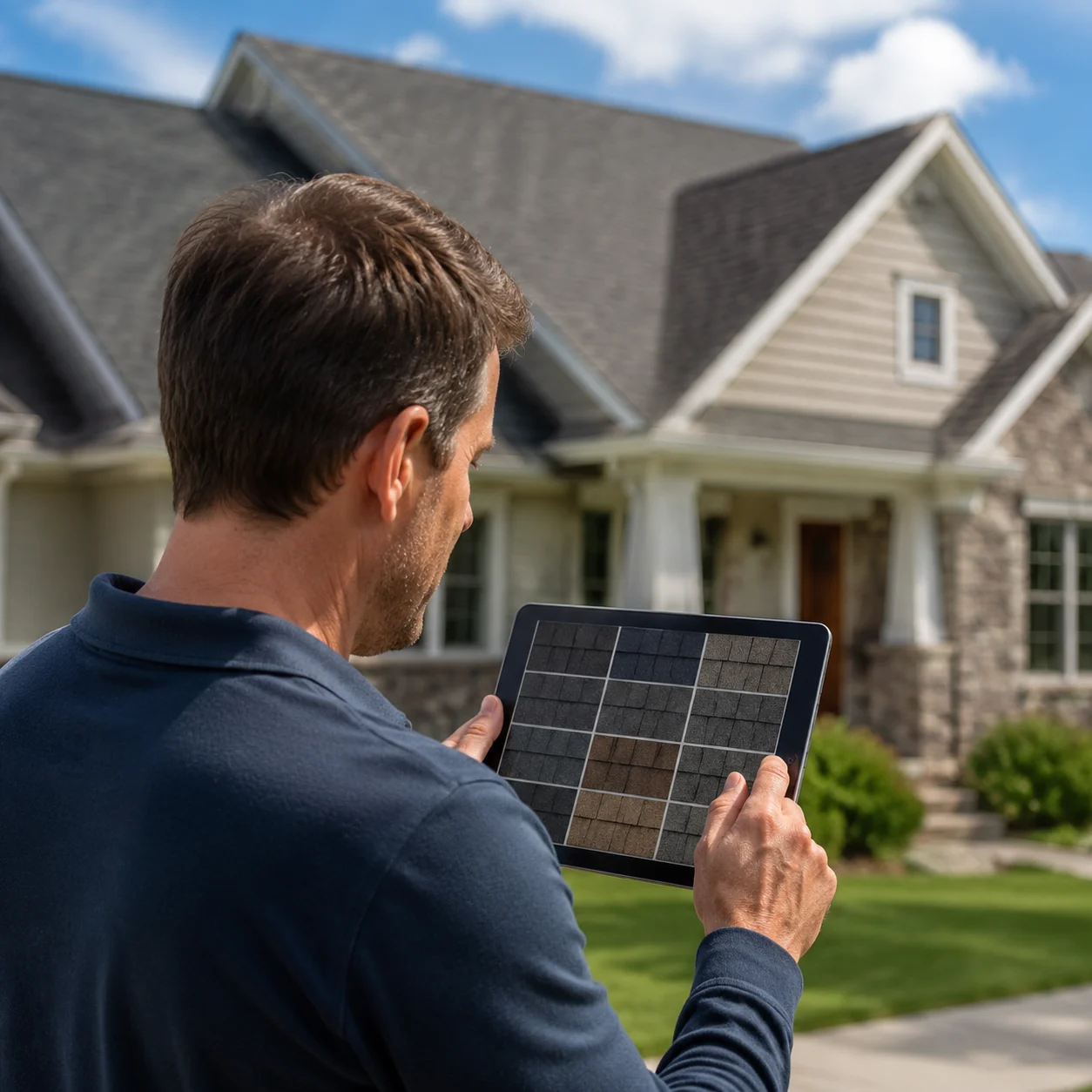 Homeowner comparing roof shingle colors for their house on a tablet