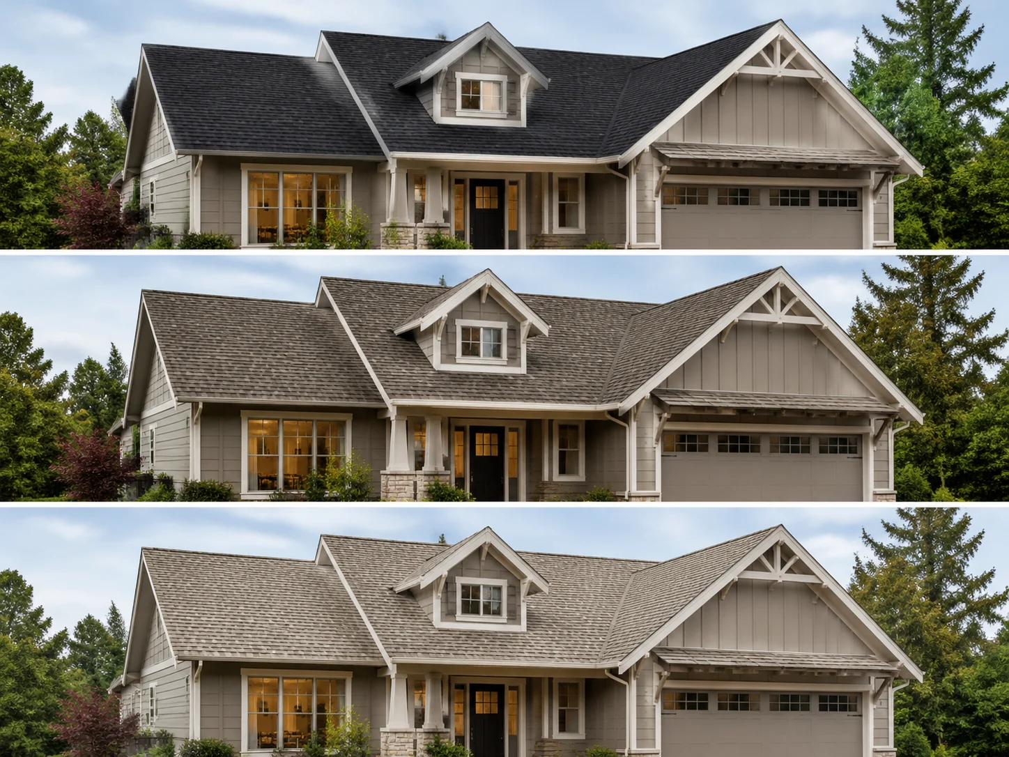 House roof previewed in several asphalt shingle colors on the same home