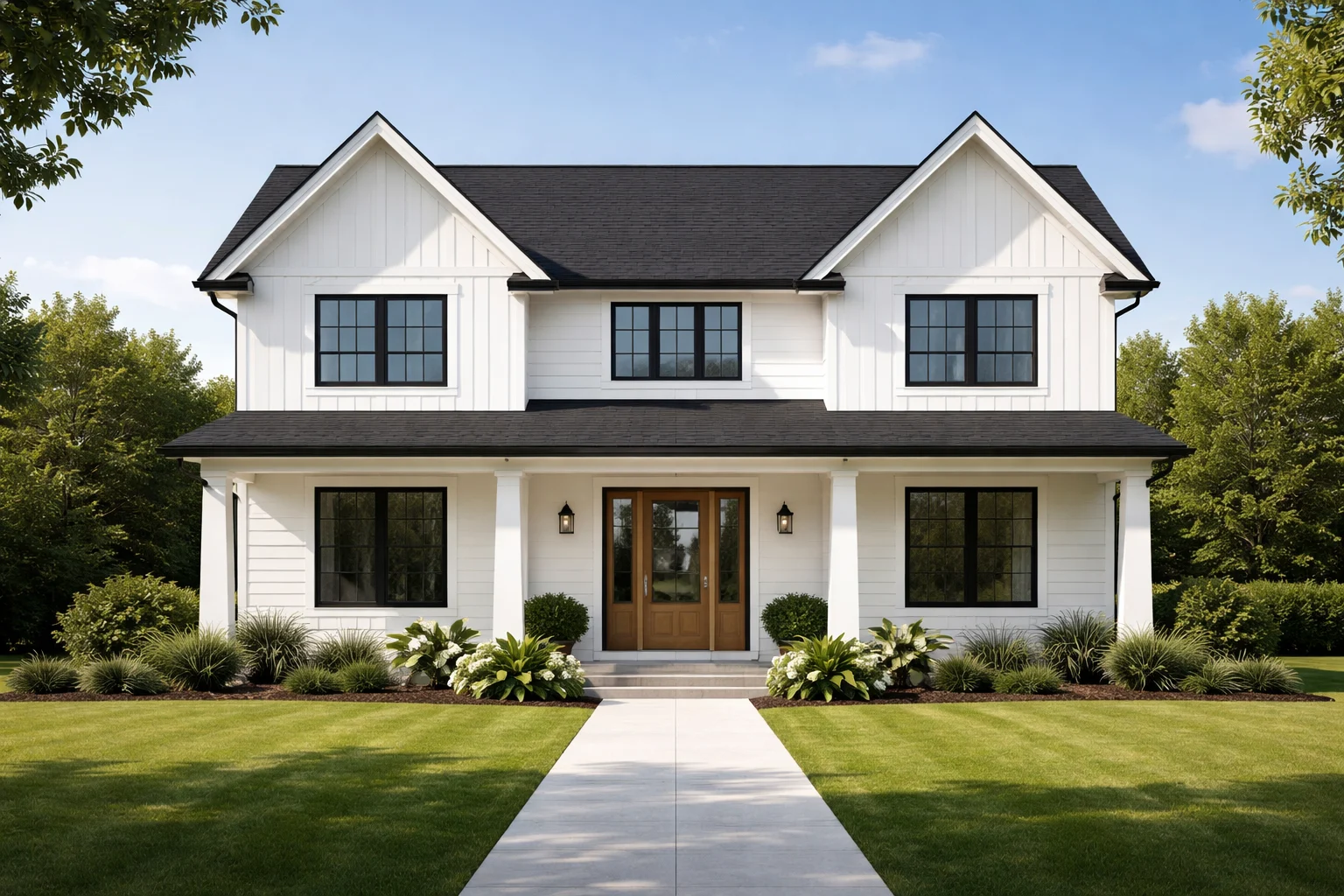 White house shown with a black roof to preview the high-contrast pairing
