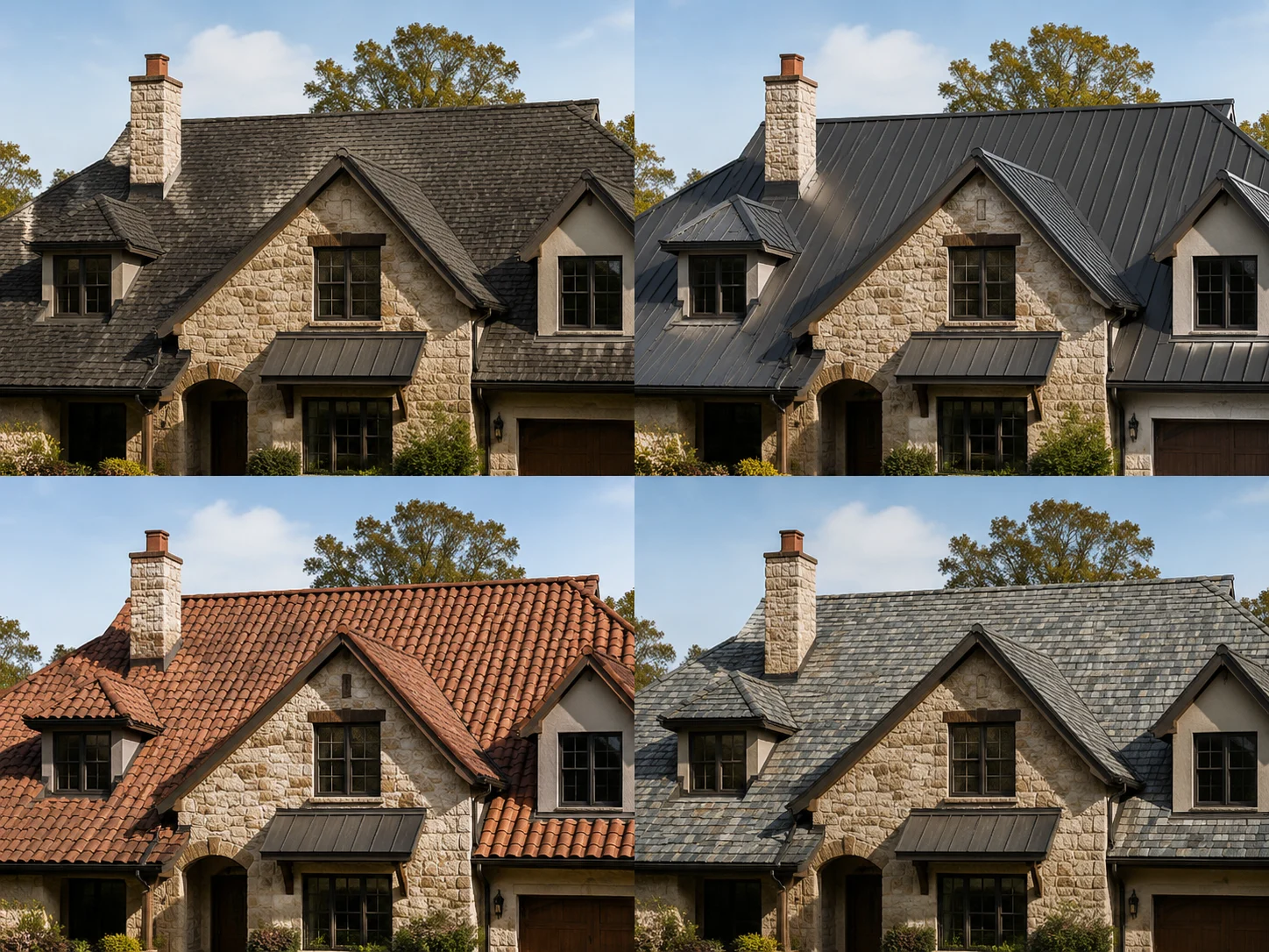 Same house roof shown in asphalt, metal, tile, and slate materials