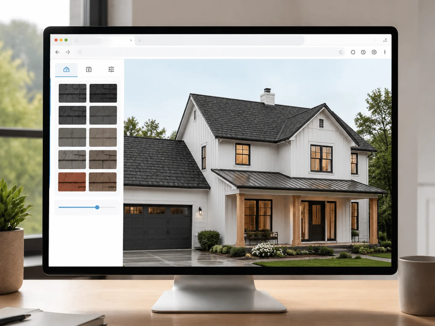 Browser-based roof design tool open with a roof color preview in progress
