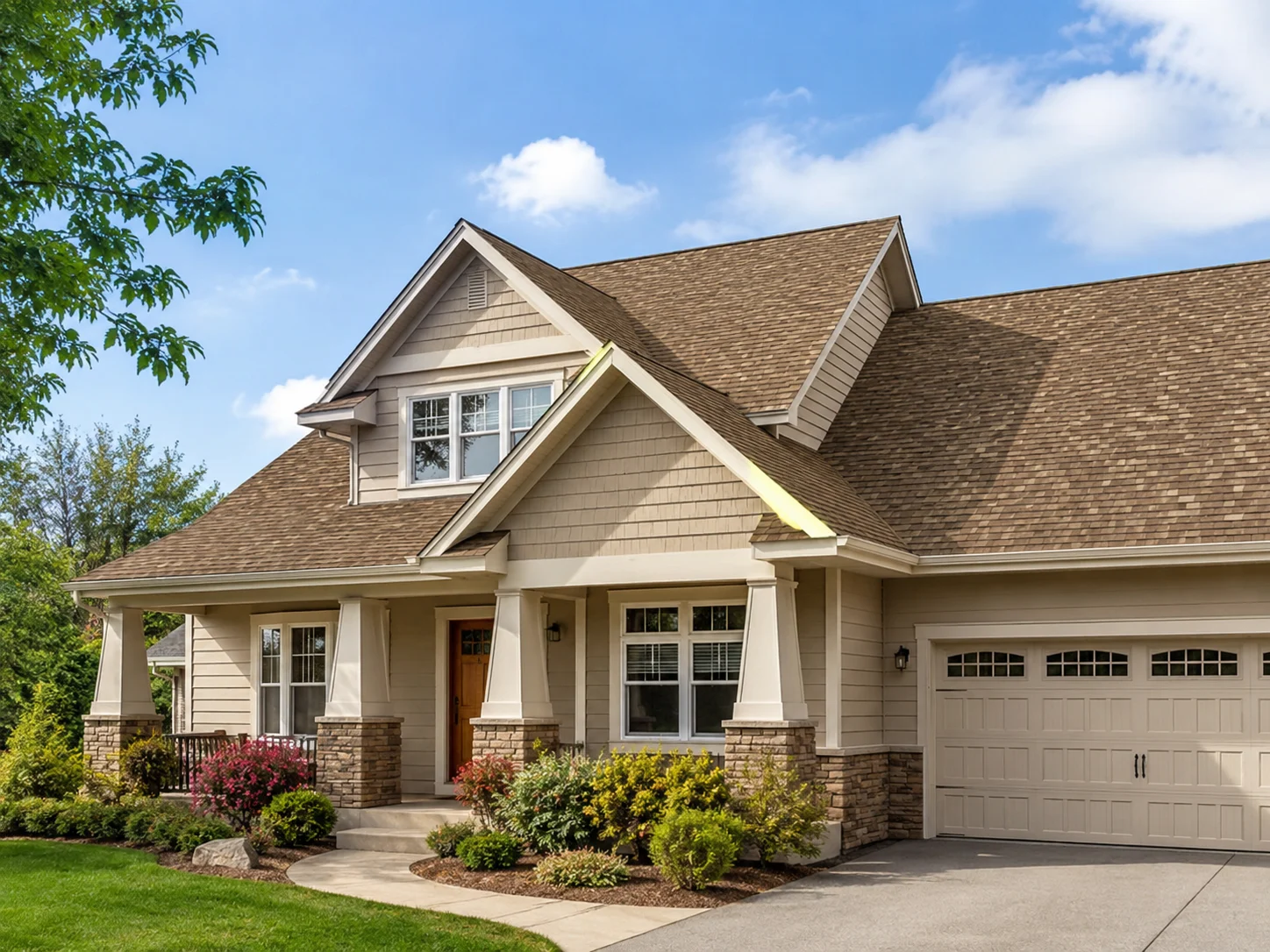 Beige house with warm brown earth-tone asphalt shingle roof