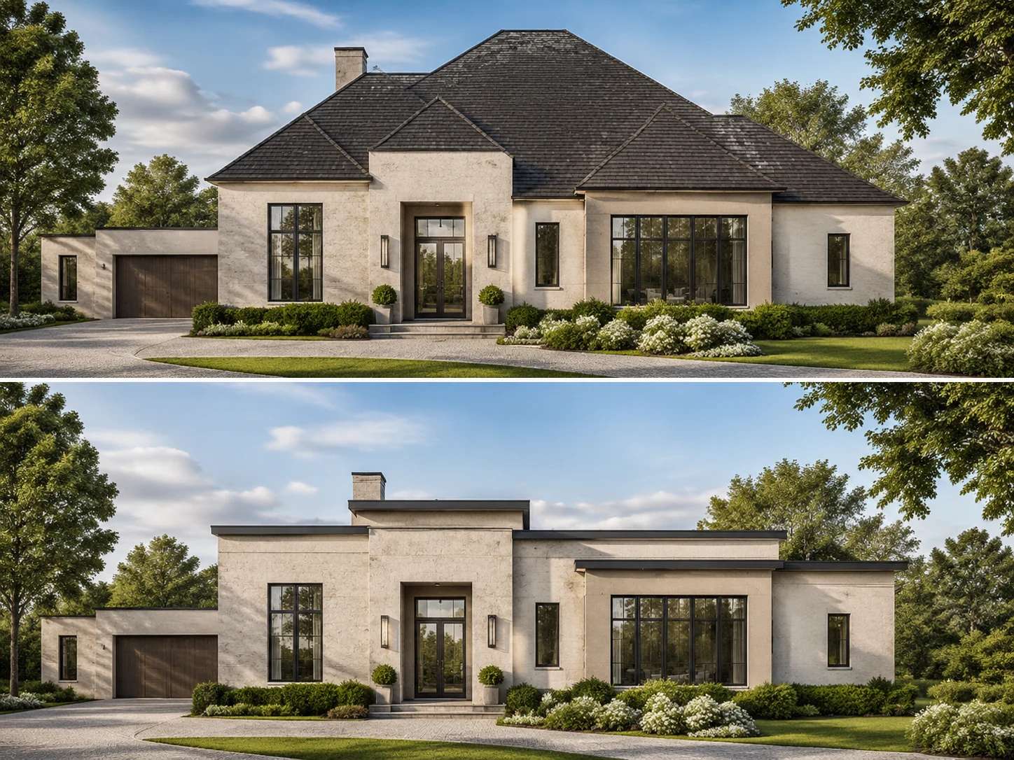 One house shown with a hip roof and a flat roofline side by side