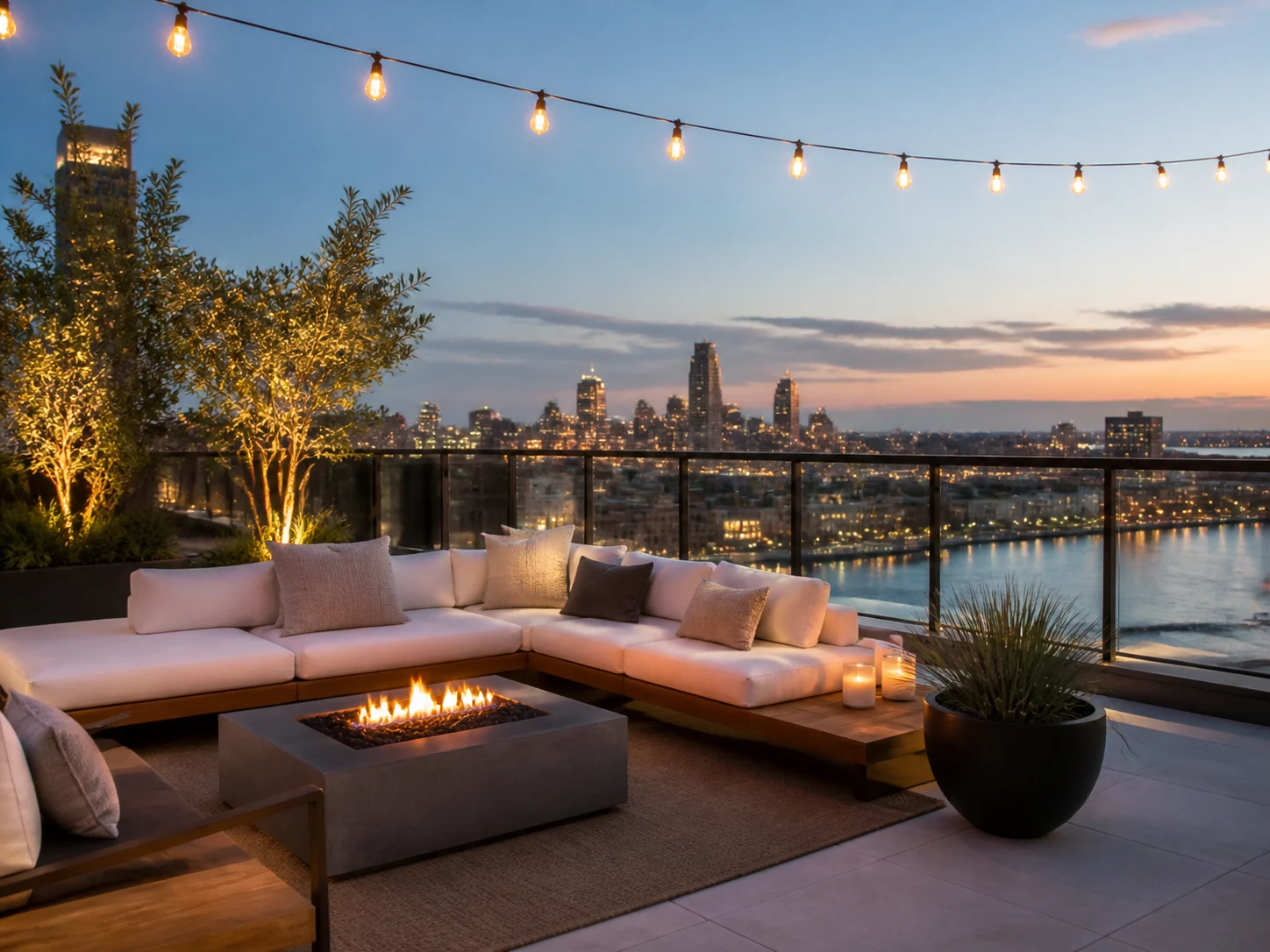 Modern rooftop lounge with string lights and city view