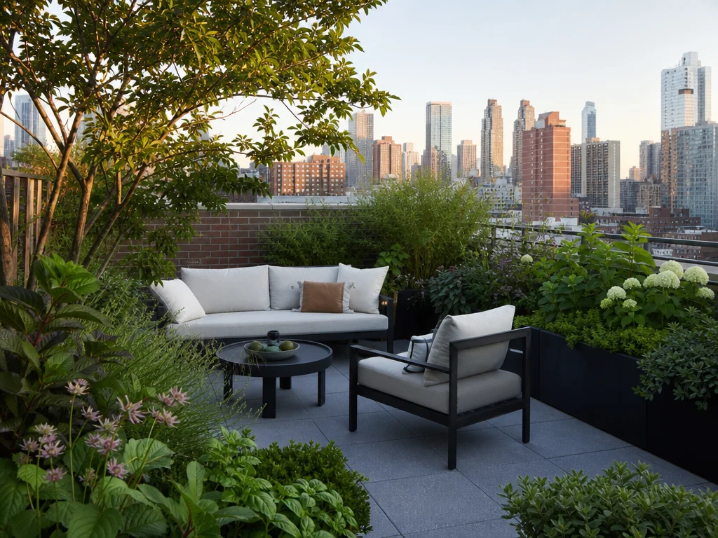 Urban oasis rooftop garden with lush plants and seating nook