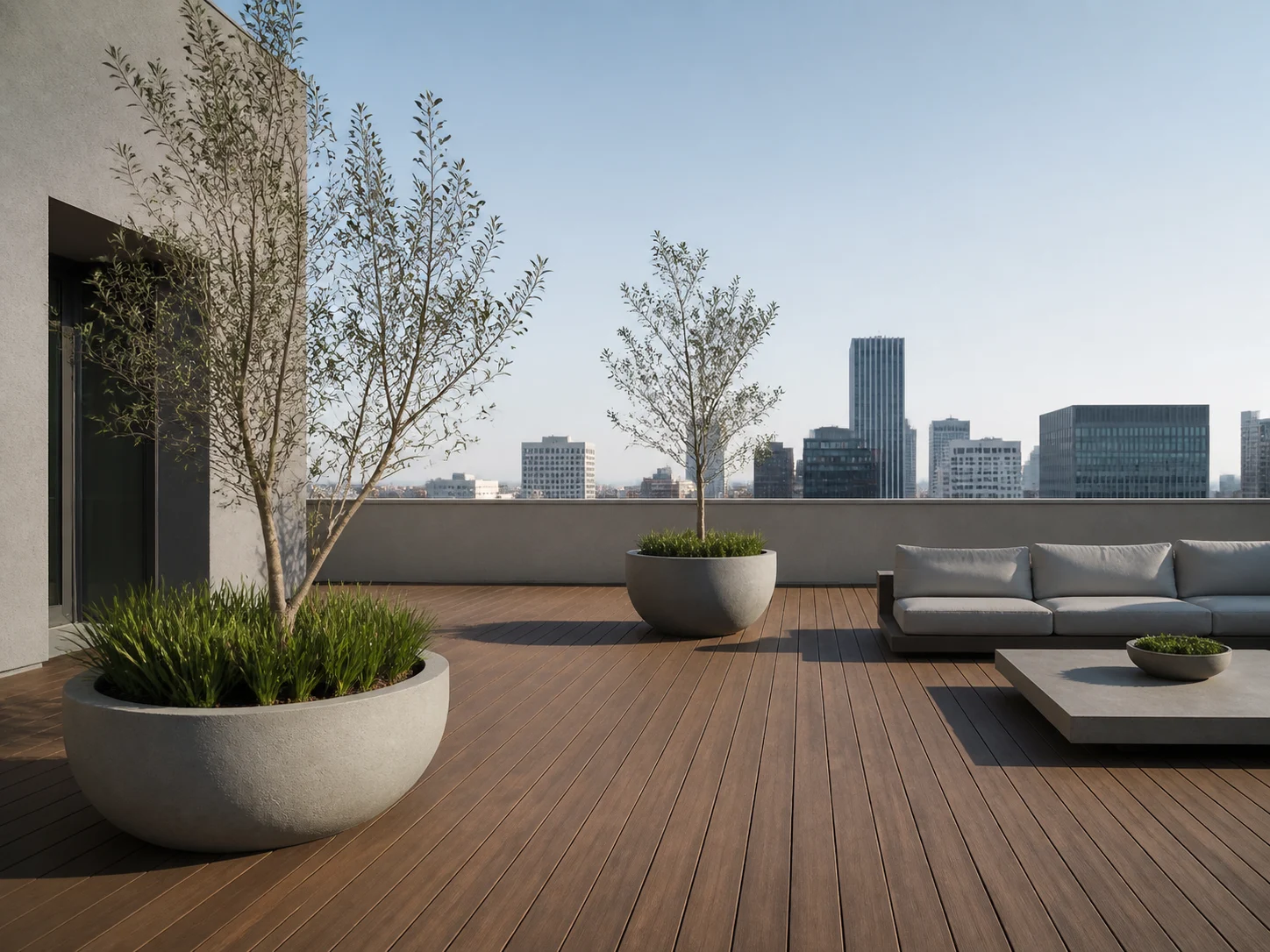 Minimalist rooftop deck with sculptural planters