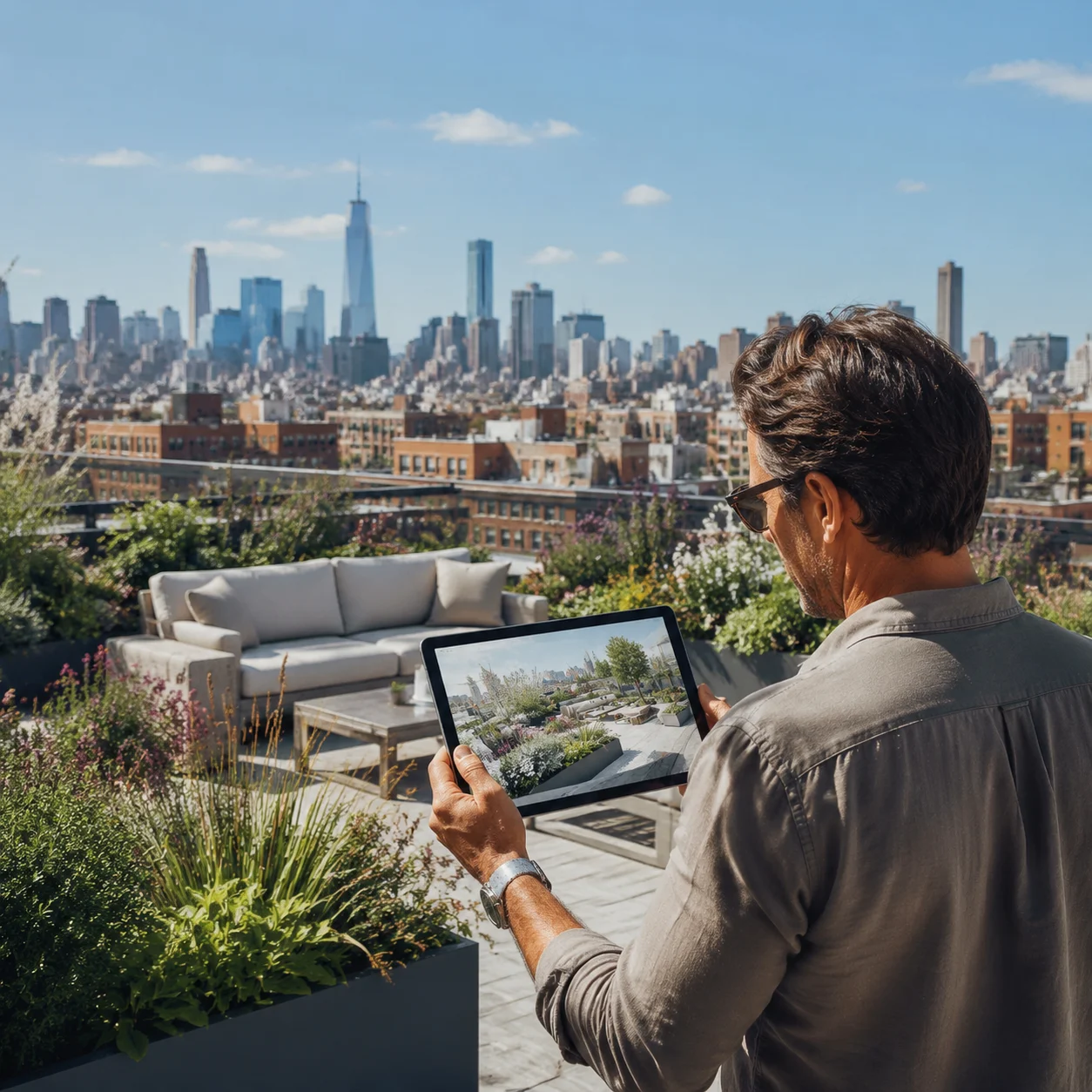 Penthouse owner viewing a rooftop design on a tablet on the terrace