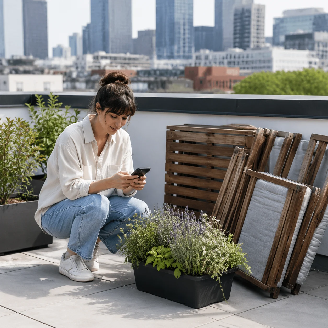 Renter planning a portable rooftop setup on a phone
