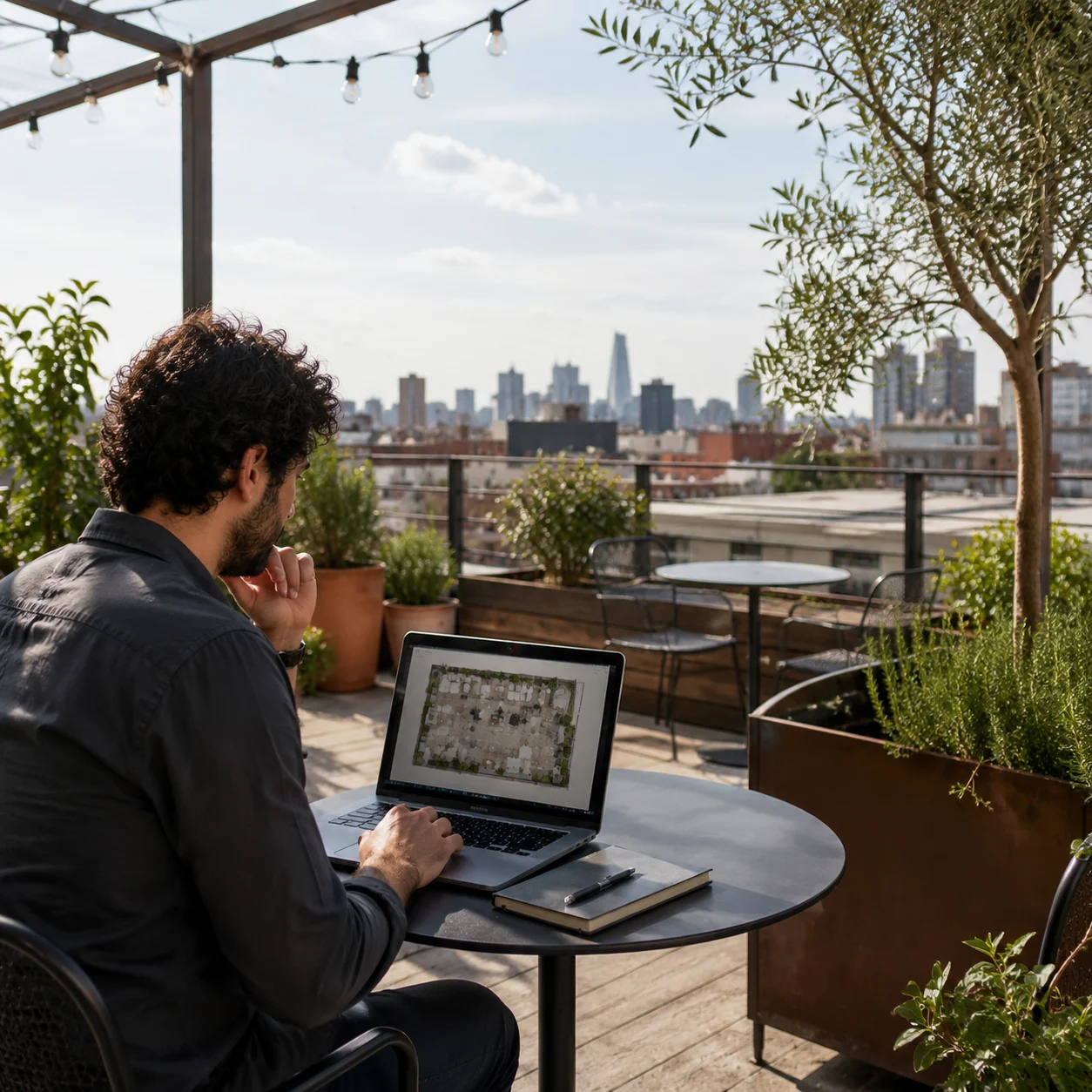 Café owner reviewing a rooftop seating layout on a laptop