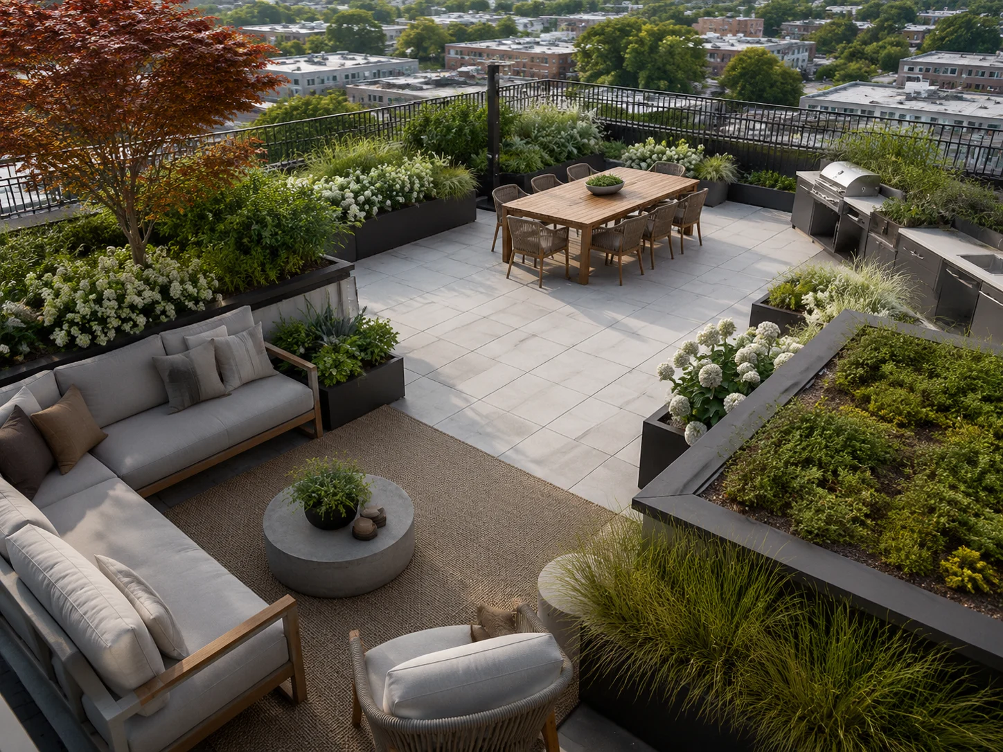 Rooftop design zoned into lounge, dining, and planting areas