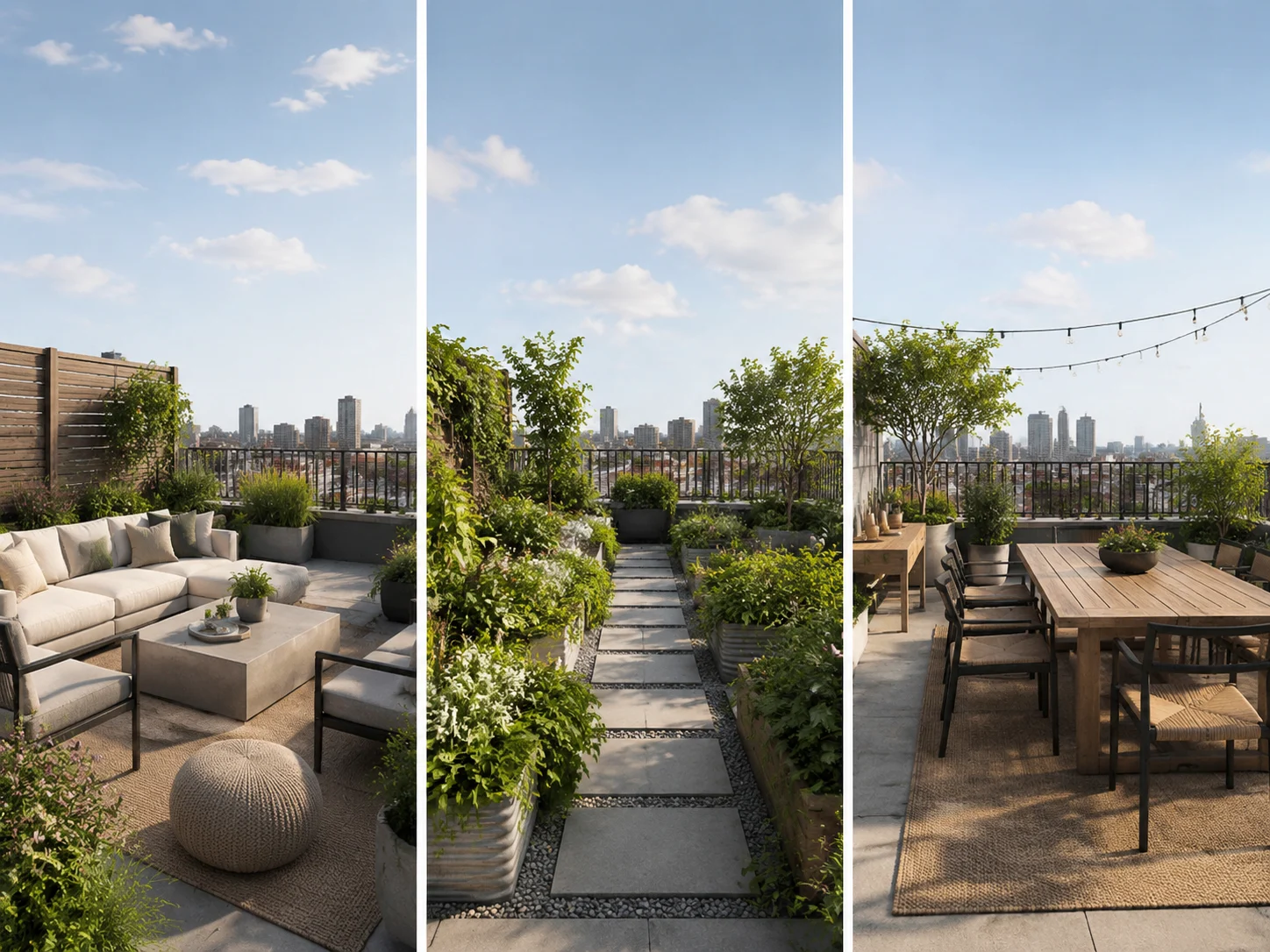 Same rooftop shown as a lounge, a garden, and a dining terrace
