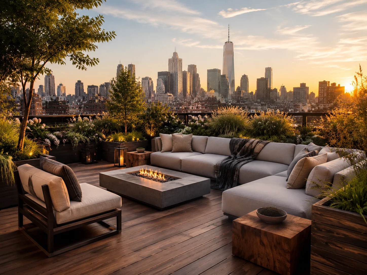 Rooftop lounge design with modular sofas and a fire table on timber decking