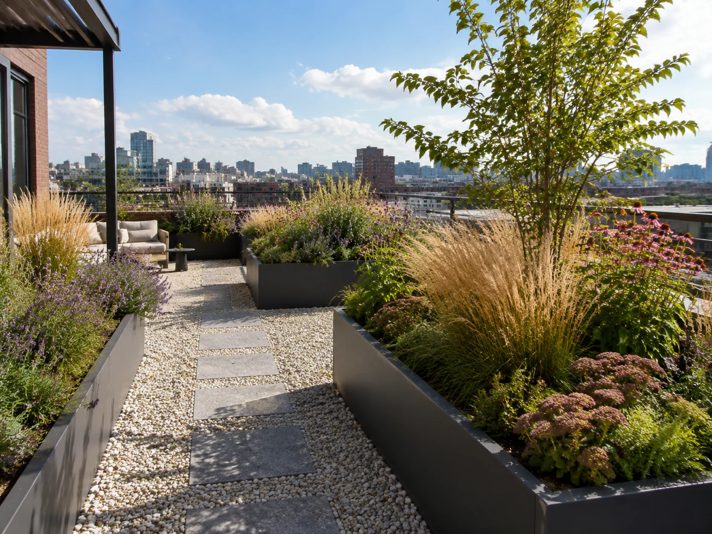 Rooftop garden with lightweight raised planters and grasses