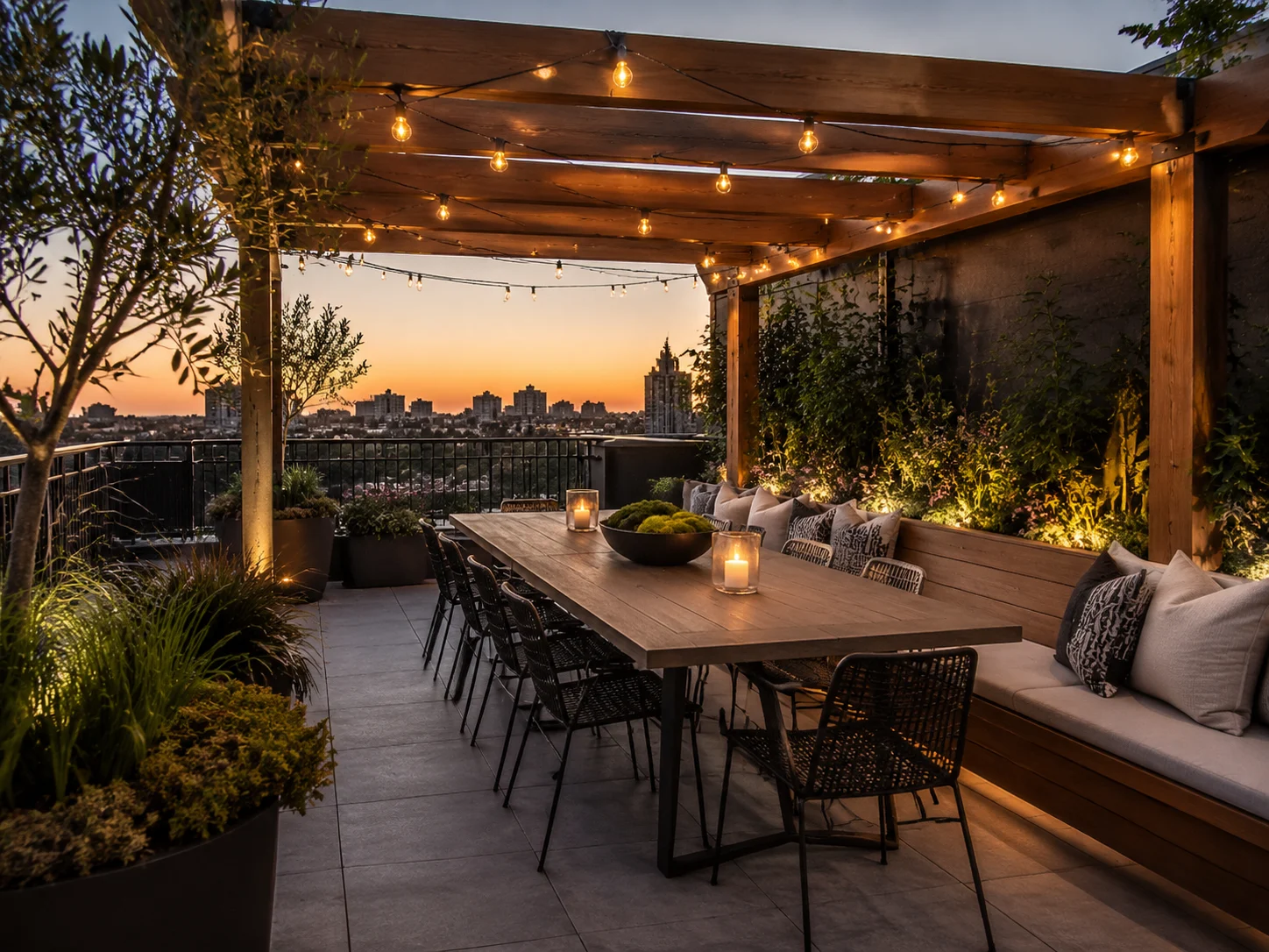 Rooftop dining terrace with a pergola, long table, and string lights