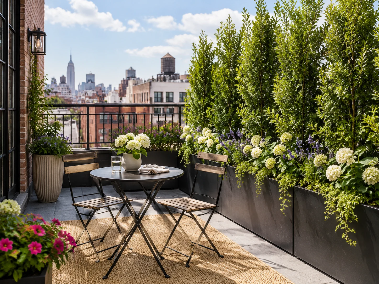 Compact city rooftop with a bistro set and planter privacy screen