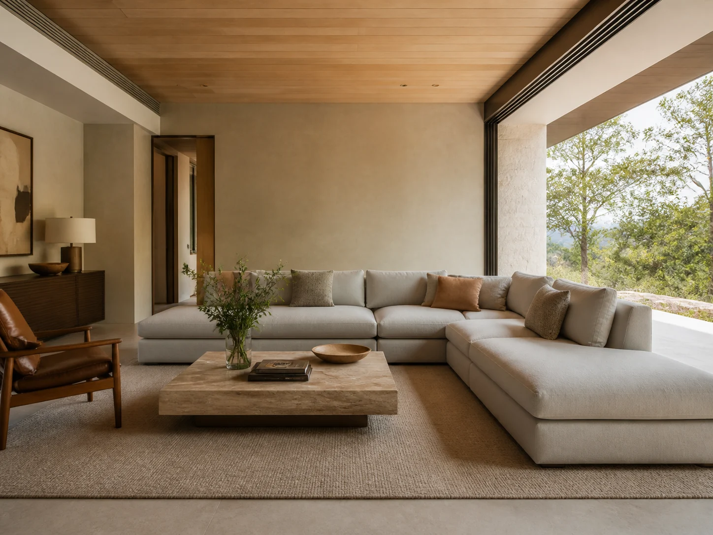 Modern living room with low sectional and neutral palette