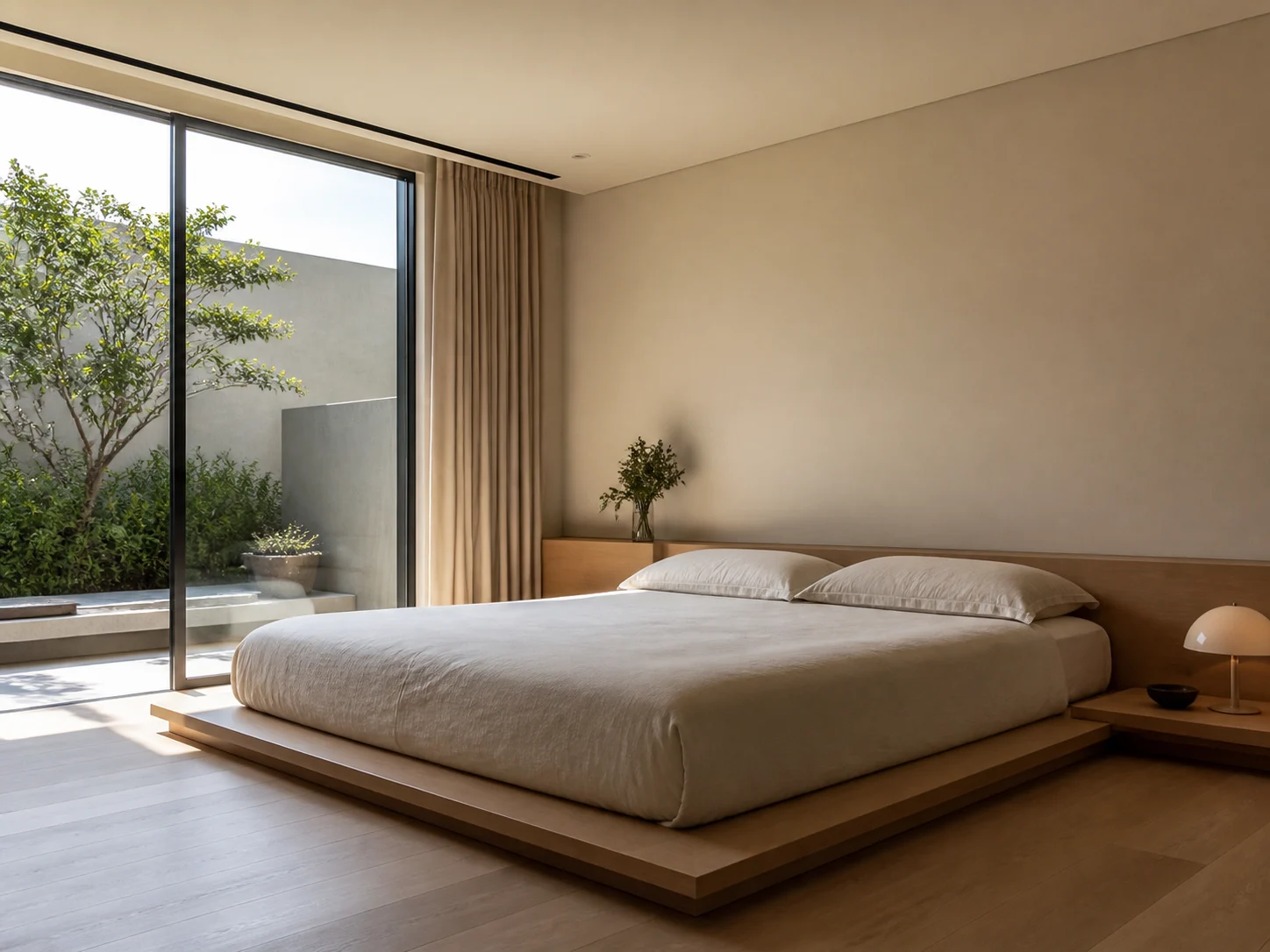 Minimalist bedroom with low platform bed and uncluttered surfaces