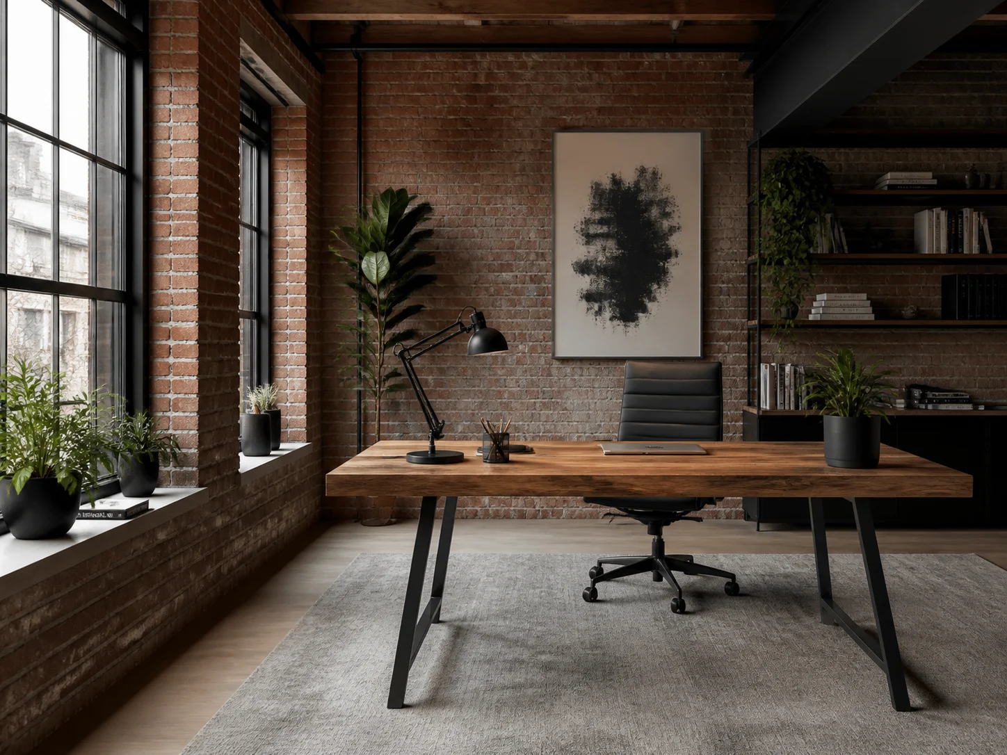 Industrial home office with exposed brick and wood desk