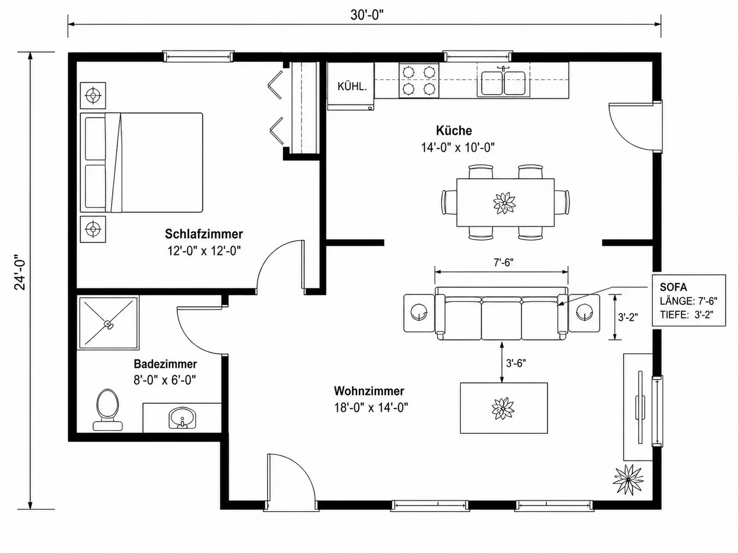 Maßstabsgetreue Möbelsymbole in einem Grundriss-Raumlayout