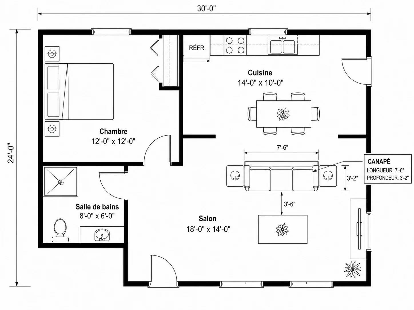 Symboles de meubles redimensionnés aux cotes réelles sur un plan de pièce