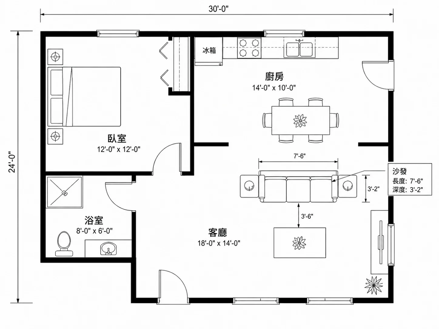 在空間格局圖中依實際尺寸縮放的家具符號