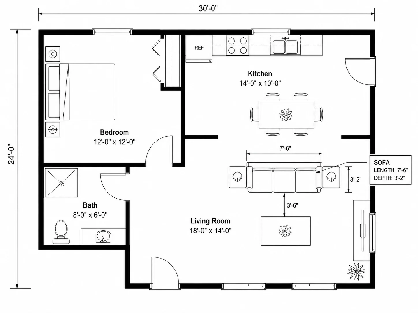 Furniture symbols resized to real dimensions in a room layout