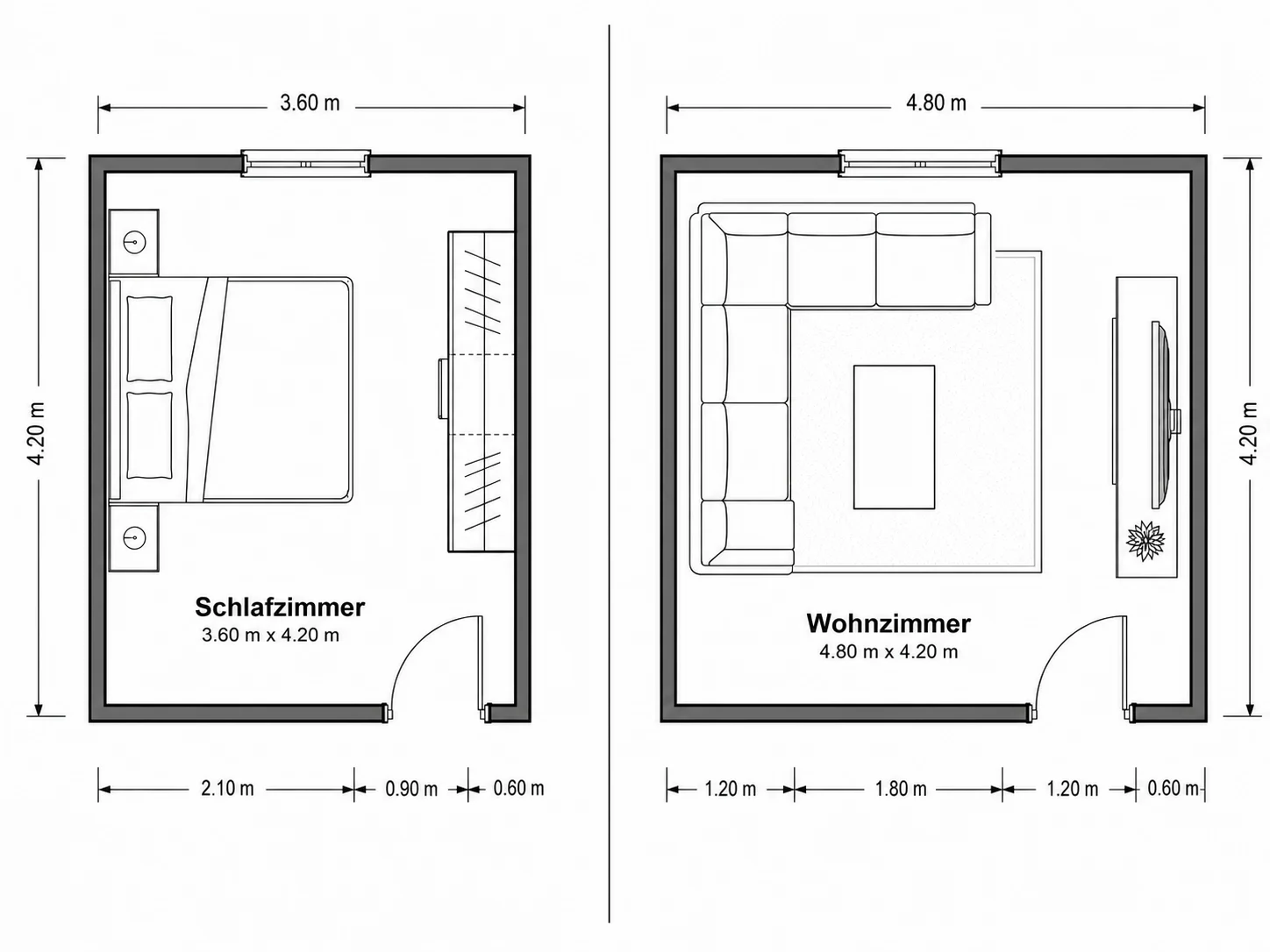 Gezeichnetes Raumlayout für ein Schlafzimmer und ein Wohnzimmer