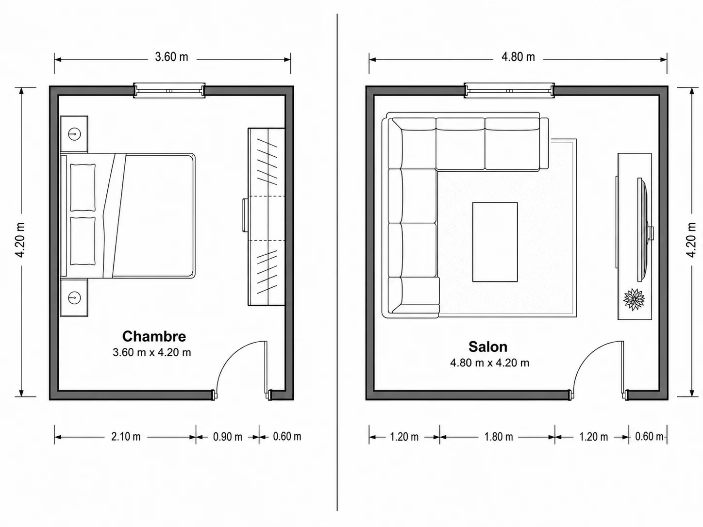 Plan d'aménagement dessiné pour une chambre et un salon