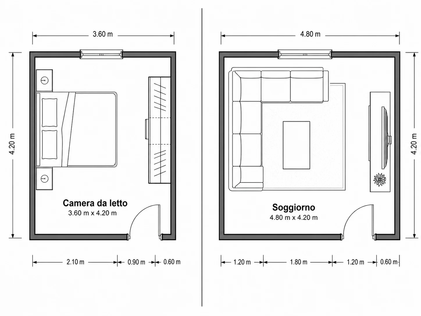 Planimetria di stanza disegnata per camera da letto e soggiorno