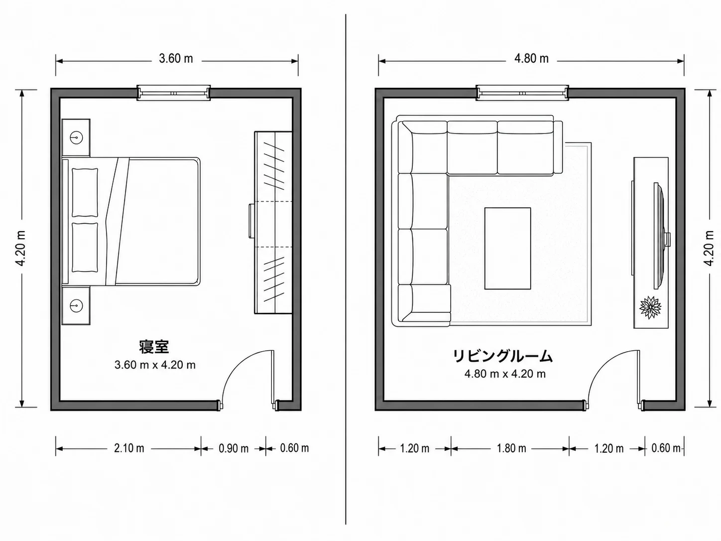 寝室とリビング向けに作成された部屋の間取りレイアウト