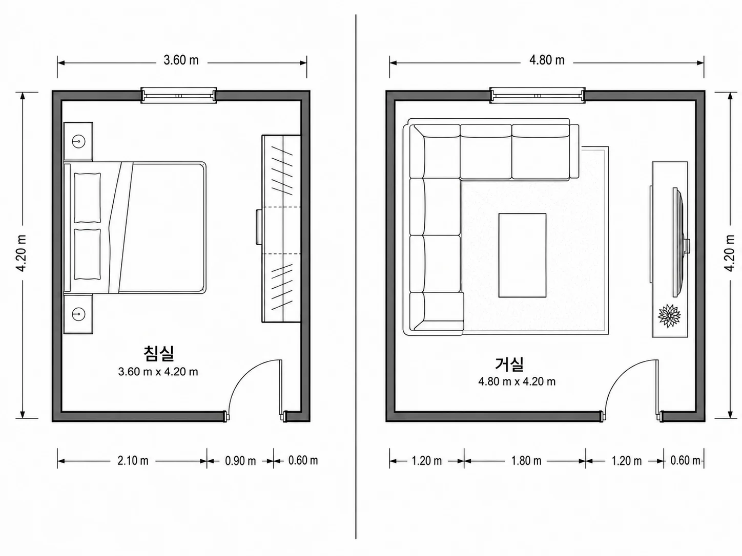 침실과 거실을 위해 제작된 방 평면도 레이아웃